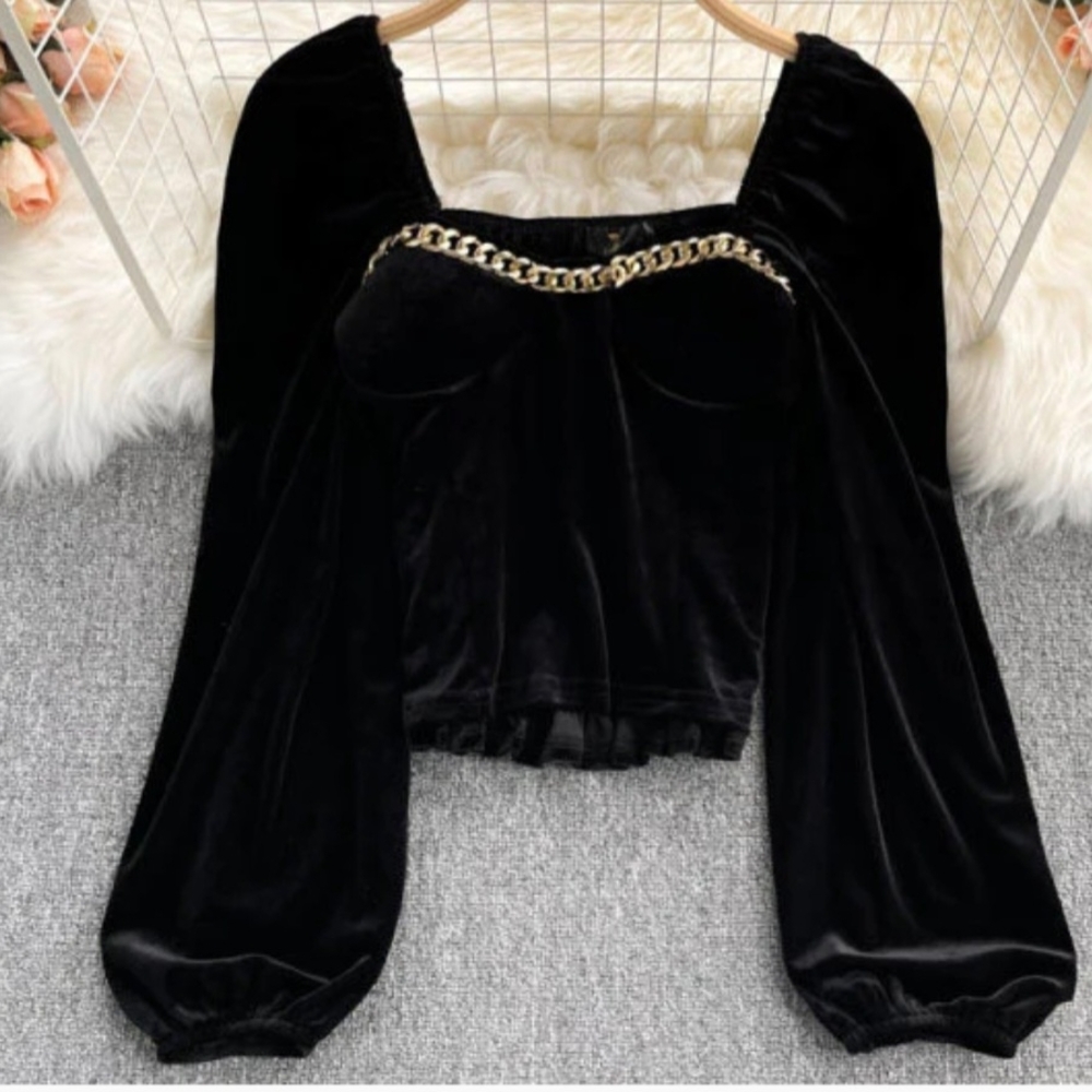 Chic Black Velvet Blouse with Chain Accent